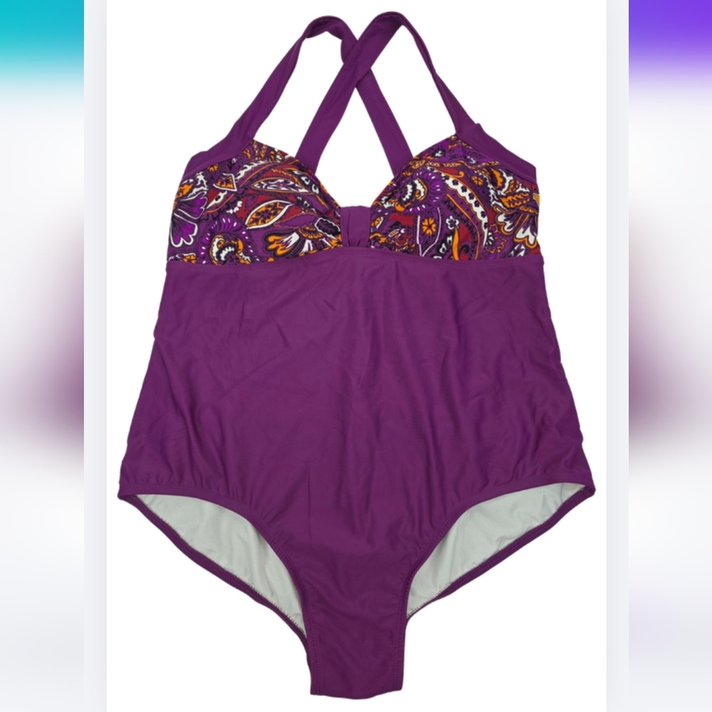 Catalina 2X 18W-20W Purple Paisley-Trim One-Piece Swimsuit 3389-Z